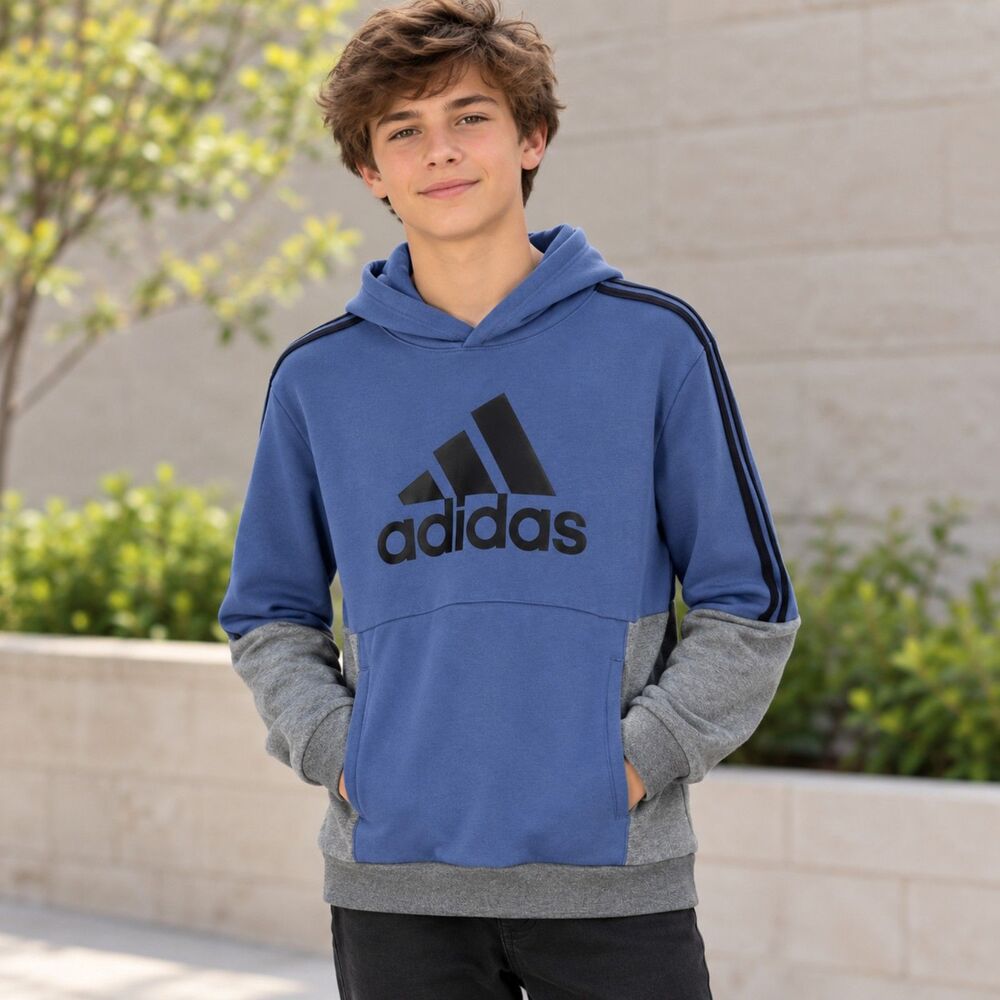 Adidas Youth XL 18/20 Blue Gray Colorblock Logo Pullover Hoodie